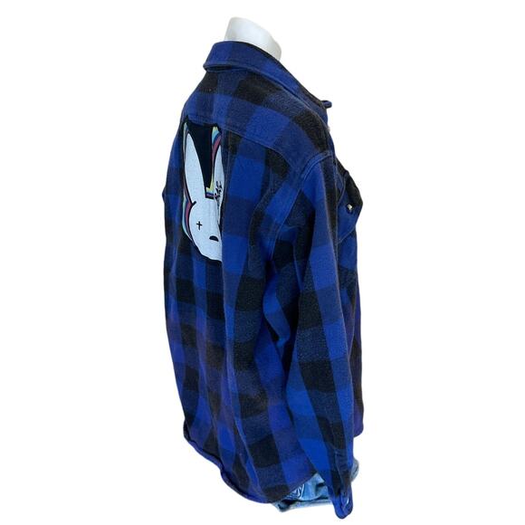 Bad Bunny Plaid Flannel Shirt Shacket LARGE Oversized Upcycled Unique Latin Trap - Picture 3 of 6